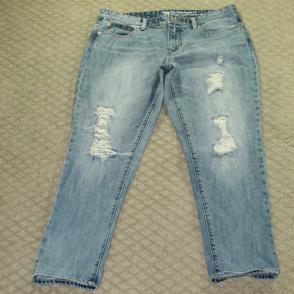 GAP Size 4 / 27 Sexy Boyfriend Fit Distressed Light Wash Mid Rise Denim Jeans
